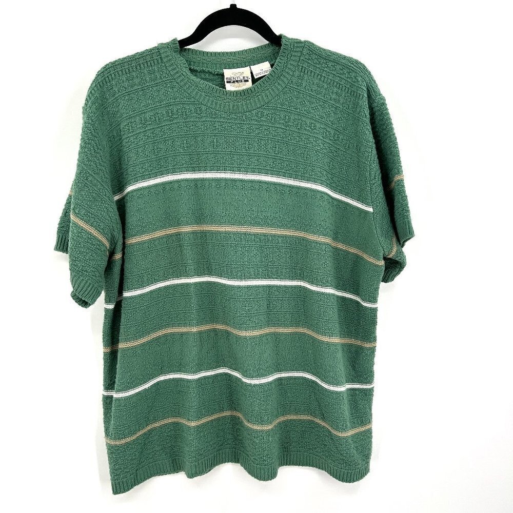TR BENTLEY Vintage Green Brown White Striped Knit Sweater Crew Neck Shirt 1X